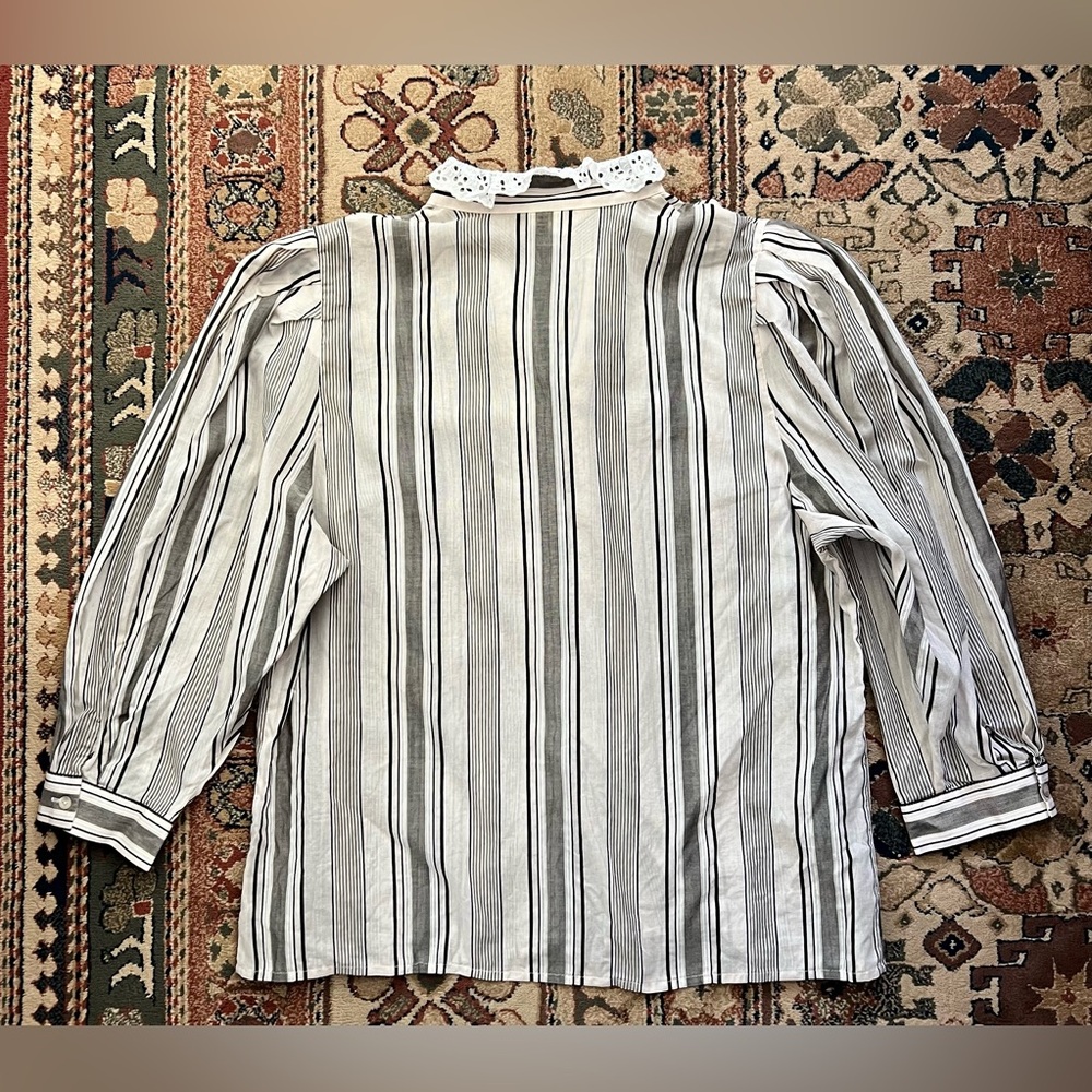 Striped Ruffled Front Button-Up Blouse - Neutral Stripes - Picture 5 of 5